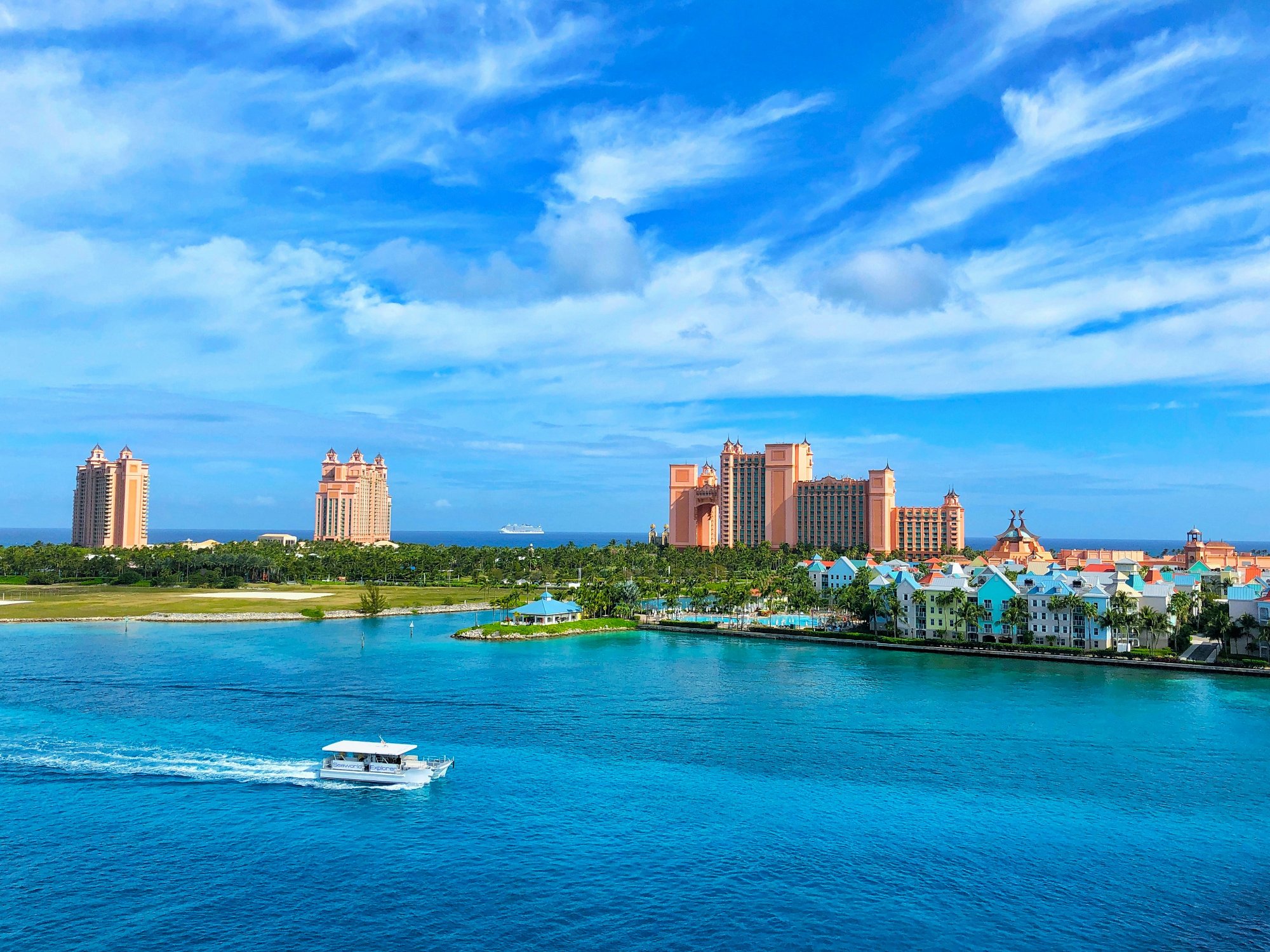 Nassau Bahamas aerial view with turquoise water and Atlantis resort